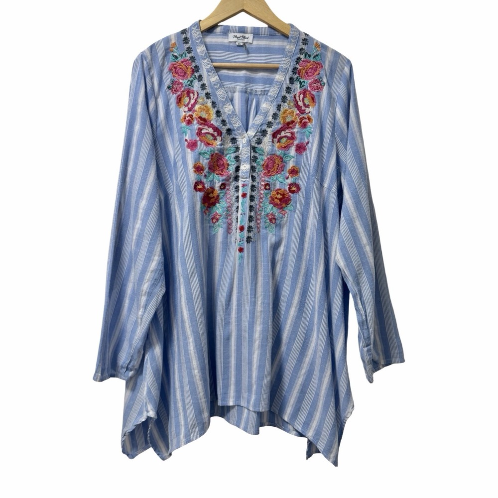 Womens Embroidered Striped Floral V Neck Popover Tunic Top Size 1X Blue Boho